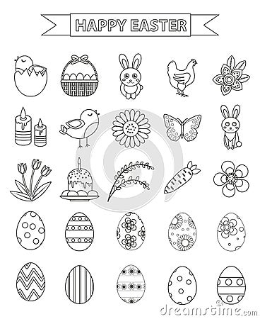 Happy Easter icon set, line style, doodle, hand drawing. Vector illustration. Vector Illustration