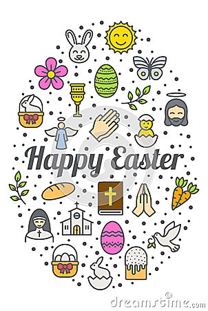 Happy Easter Icons Within Egg Shape, Easter vector poster Illustration, easter holiday poster vector set, greeting card Vector Illustration