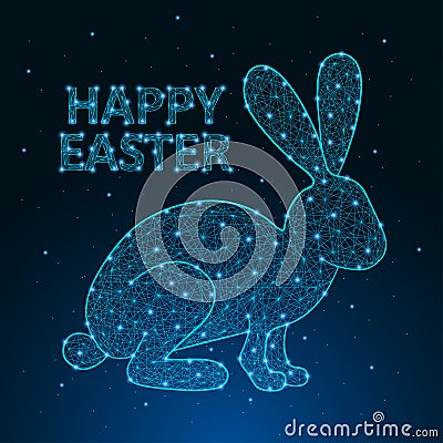 Happy Easter illustration made by polygonal wireframe mesh with low poly rabbit. Greeting card. Vector Illustration