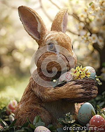 happy easter image cute rabbit with eggs Stock Photo