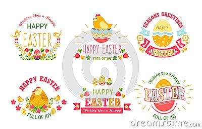 Happy Easter isolated icons religious holiday cake and eggs chicken and bunny spring event religion and Christianity Vector Illustration