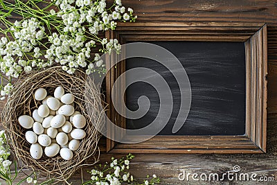 Happy easter jovial Eggs Easter egg roll Basket. White signature Bunny Red Aster. brick background wallpaper Cartoon Illustration
