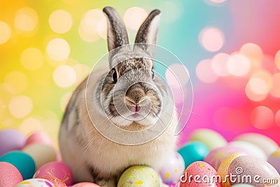 Happy easter Joy Eggs Bloom Basket. Easter Bunny delighted Magical. Hare on meadow with Nature easter background wallpaper Cartoon Illustration