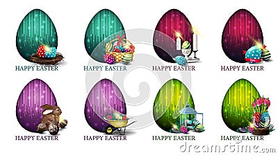 Happy Easter, large set bright colorful postcards with Easter icons and big decorative eggs Stock Photo