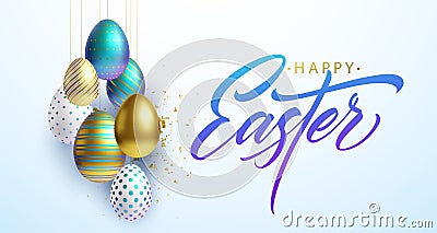 Happy Easter lettering background with 3D realistic gold, white and blue shiny decorated eggs, confetti. Vector Vector Illustration