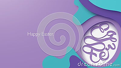 Happy Easter lettering background in egg shape frame with paper cut style. Vector illustration living coral color trendy 2019. Vector Illustration