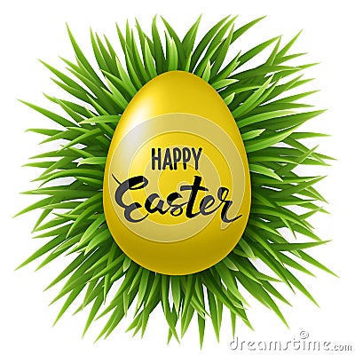 Happy Easter Lettering on decorated gold egg on fresh green grass on white background Vector Illustration