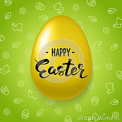 Happy Easter Lettering on decorated gold egg on green background Vector Illustration