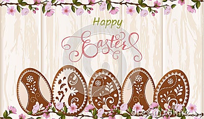 Happy Easter lettering, Gingerbread in the form of eggs. Spring holidays, Easter background Vector Illustration