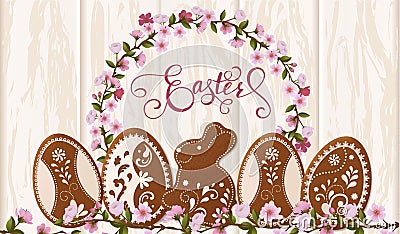 Happy Easter lettering, Gingerbread in the form of eggs. Spring holidays, Easter background Vector Illustration