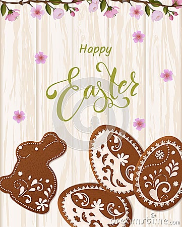 Happy Easter lettering, Gingerbread in the form of eggs. Spring holidays, Easter background Vector Illustration