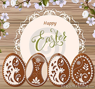 Happy Easter lettering, Gingerbread in the form of eggs. Spring holidays, Easter background Vector Illustration