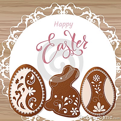 Happy Easter lettering, Gingerbread in the form of eggs. Spring holidays, Easter background Vector Illustration