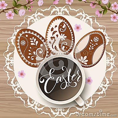 Happy Easter lettering, Gingerbread in the form of eggs. Spring holidays, Easter background Vector Illustration