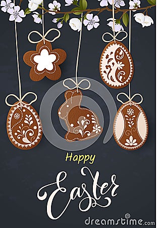 Happy Easter lettering, Gingerbread in the form of eggs. Spring holidays, Easter background Vector Illustration