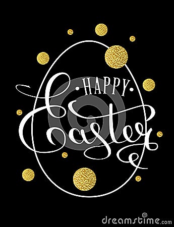 Happy Easter lettering greeting card with doodle easter eggs. Hand lettering, with golden glitter. Calligraphy lettering. Calligra Cartoon Illustration