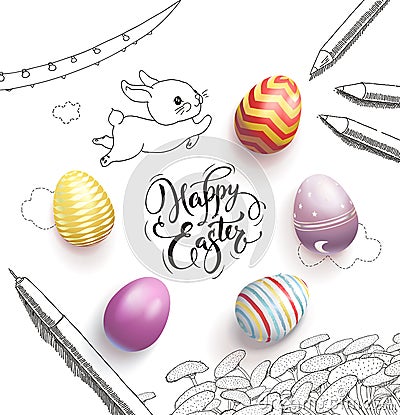 Happy Easter lettering handwritten with calligraphic font, surrounded by colorful eggs, cute baby bunny, dandelions Vector Illustration