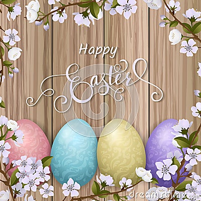 Happy Easter lettering, painted colorful eggs. Spring holidays, Easter background, blossom tree Vector Illustration