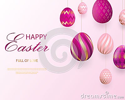 Happy Easter lettering with pink gold realistic looking eggs. Vector. Geometric patterns. Resurrection Sunday greeting card, Vector Illustration