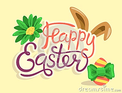 Happy Easter Lettering with Rabbit Egg and Flower Isolated Vector Illustration