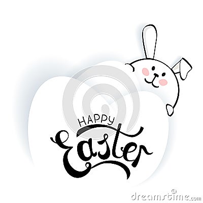 Happy Easter lettering. White bunny, three Easter eggs and hand inscription on white background. Vector Illustration