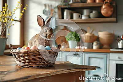 Happy easter lilacs Eggs Fellowship Basket. White bunny beanie Bunny crucifix. sorry card background wallpaper Cartoon Illustration