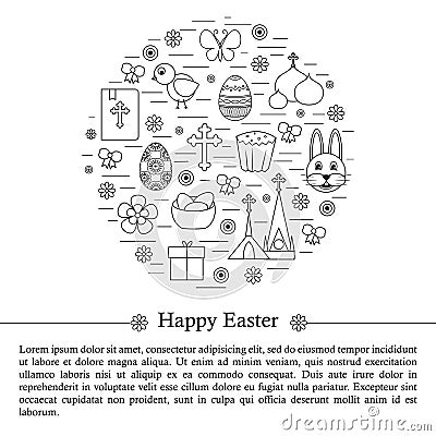 Happy Easter Line Icons Set Circle Shape. Vector Illustration