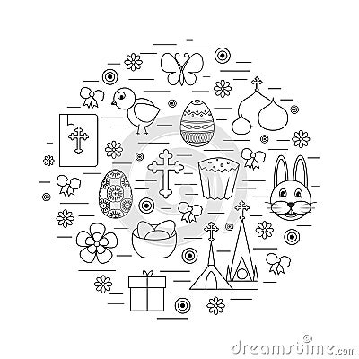 Happy Easter Line Icons Set Circle Shape. Vector Illustration