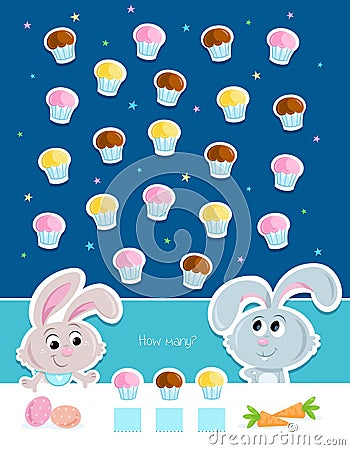 Happy holidays - Easter bunnies and muffins - Counting game Cartoon Illustration