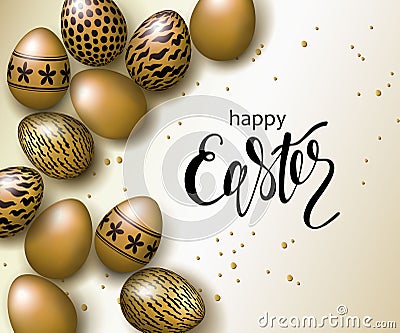 Happy Easter luxury banner background template with beautiful realistic golden eggs. Greeting card. Vector illustration. Cartoon Illustration