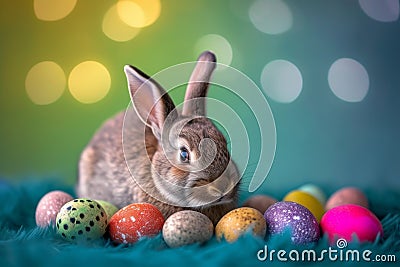 Happy easter midnight blue Eggs Cheerful Basket. White playful Bunny luminous. birds background wallpaper Cartoon Illustration