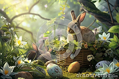 Happy easter mistletoe Eggs Dependable Basket. White bunny fabric Bunny Inspirational. splashy background wallpaper Cartoon Illustration
