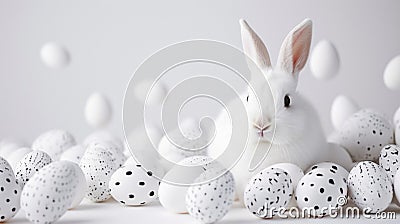 Happy Easter! Monochromatic white banner with easter bunny rabbir on white background, surrounded by white eggs Stock Photo