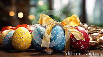Happy easter. Multi-colored Easter eggs on the table to decorate the holiday. Traditions of Christianity. Symbol of the Stock Photo