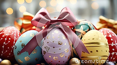 Happy easter. Multi-colored Easter eggs on the table to decorate the holiday. Traditions of Christianity. Symbol of the Stock Photo