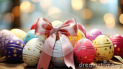 Happy easter. Multi-colored Easter eggs on the table to decorate the holiday. Traditions of Christianity. Symbol of the Stock Photo