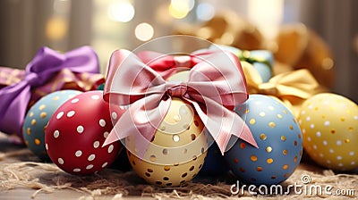 Happy easter. Multi-colored Easter eggs on the table to decorate the holiday. Traditions of Christianity. Symbol of the Stock Photo