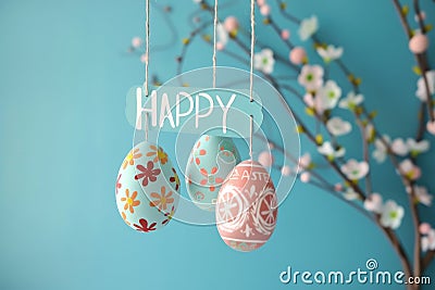 Happy easter easter napkin rings Eggs Witty Basket. White Red Dahlia Bunny turquoise paradise. Turquoise Whisper background Cartoon Illustration