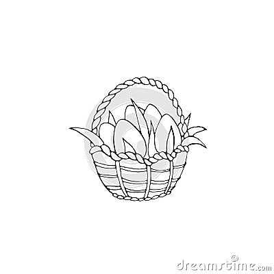 Happy Easter. Outline Basket with eggs and Tulip flowers. Design element for spring, holiday, coloring book, greeting card Stock Photo