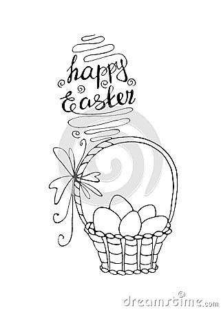 Happy Easter. Outline Basket with eggs and Tulip flowers. Design element for spring, holiday, coloring book, greeting card Stock Photo