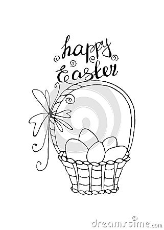 Happy Easter. Outline Basket with eggs and Tulip flowers. Design element for spring, holiday, coloring book, greeting card Stock Photo