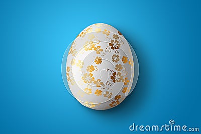 Happy Easter, painted Easter egg on a blue background. White gold pattern. Stock Photo