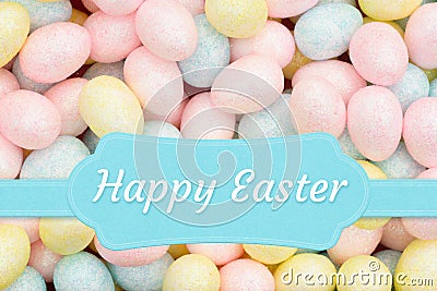 Happy Easter pale blue greeting card with colorful pastel Easter eggs Stock Photo