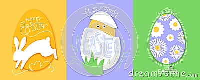 Happy Easter paper art cards set. Colorful holiday design with hair, egg, rabbit, lettering. Vector Illustration