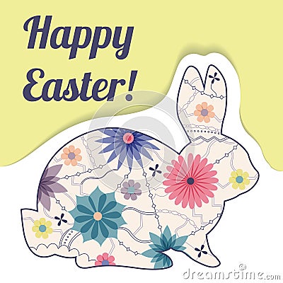Happy Easter paper card with vintage rabbit Vector Illustration