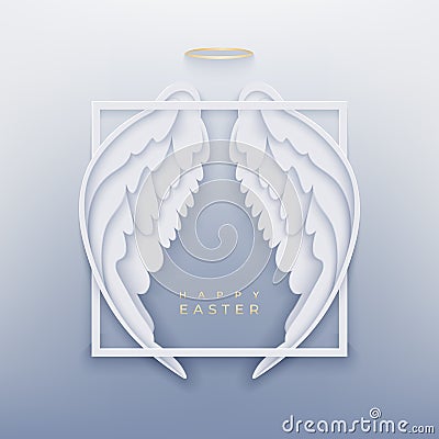 Happy Easter paper cut card with white angel wings Vector Illustration