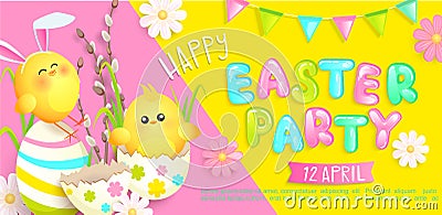 Happy easter party invitation banner. Vector Illustration