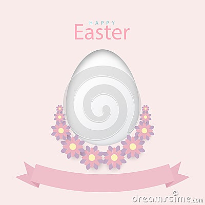 Happy easter pastel colors greeting card design with egg, flower and ribbon on pink background for your text, Vector Vector Illustration