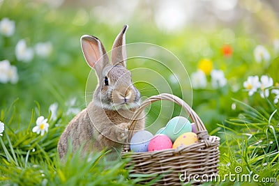 Happy easter peonie Eggs Jolly Basket. White neon green Bunny Special prayers. Seafoam background wallpaper Cartoon Illustration
