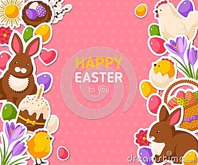 Happy Easter Pink Banner With Flat Stickers Vector Illustration